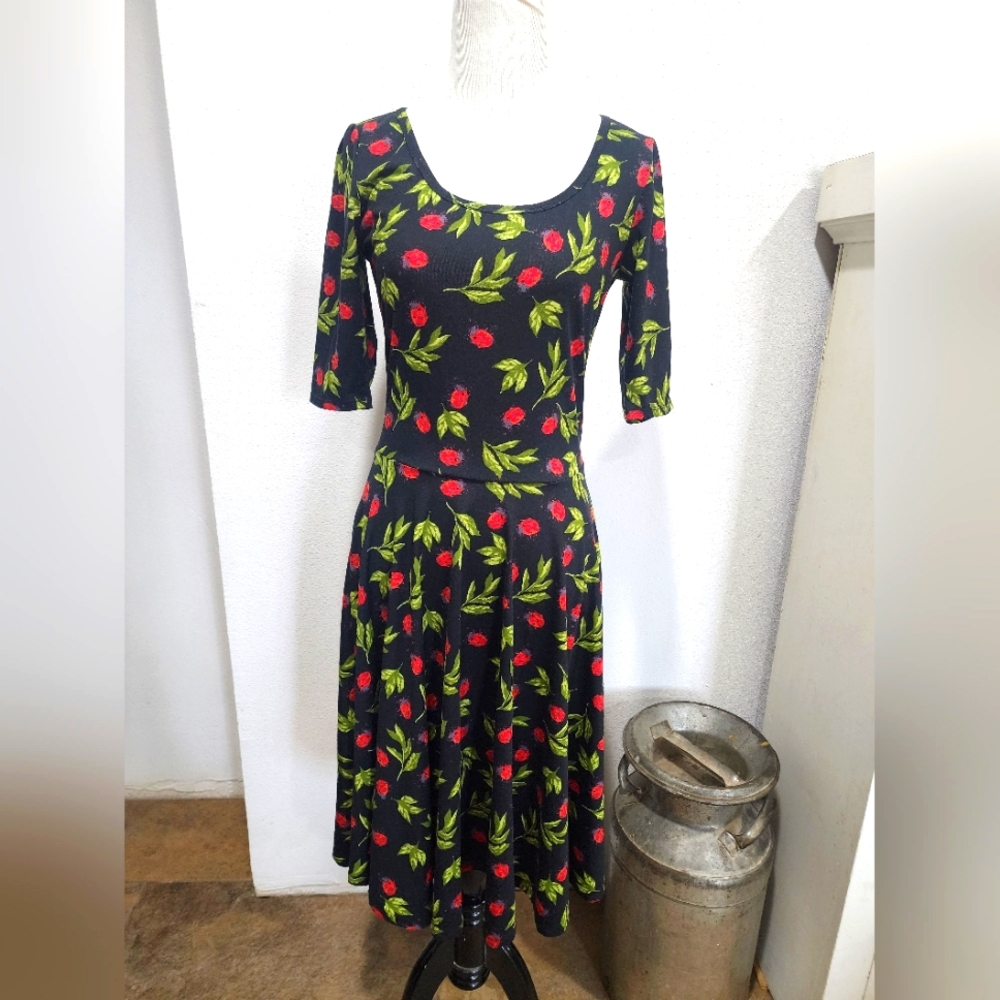 LuLaRoe Lady Bug Ladybug Dress Sz Small Black Red Nature Animal Print - Nicole